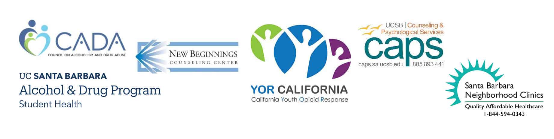 Logos of New Beginnings Counseling Center,UCSB Alcohol and Drug Program, Santa Barbara Neighborhood Clinics, the Council on Alcoholism and Drug Abuse, UCSB Counseling and Psychological Services, and Youth Opioid Response Grant (YOR CALIFORNIA).