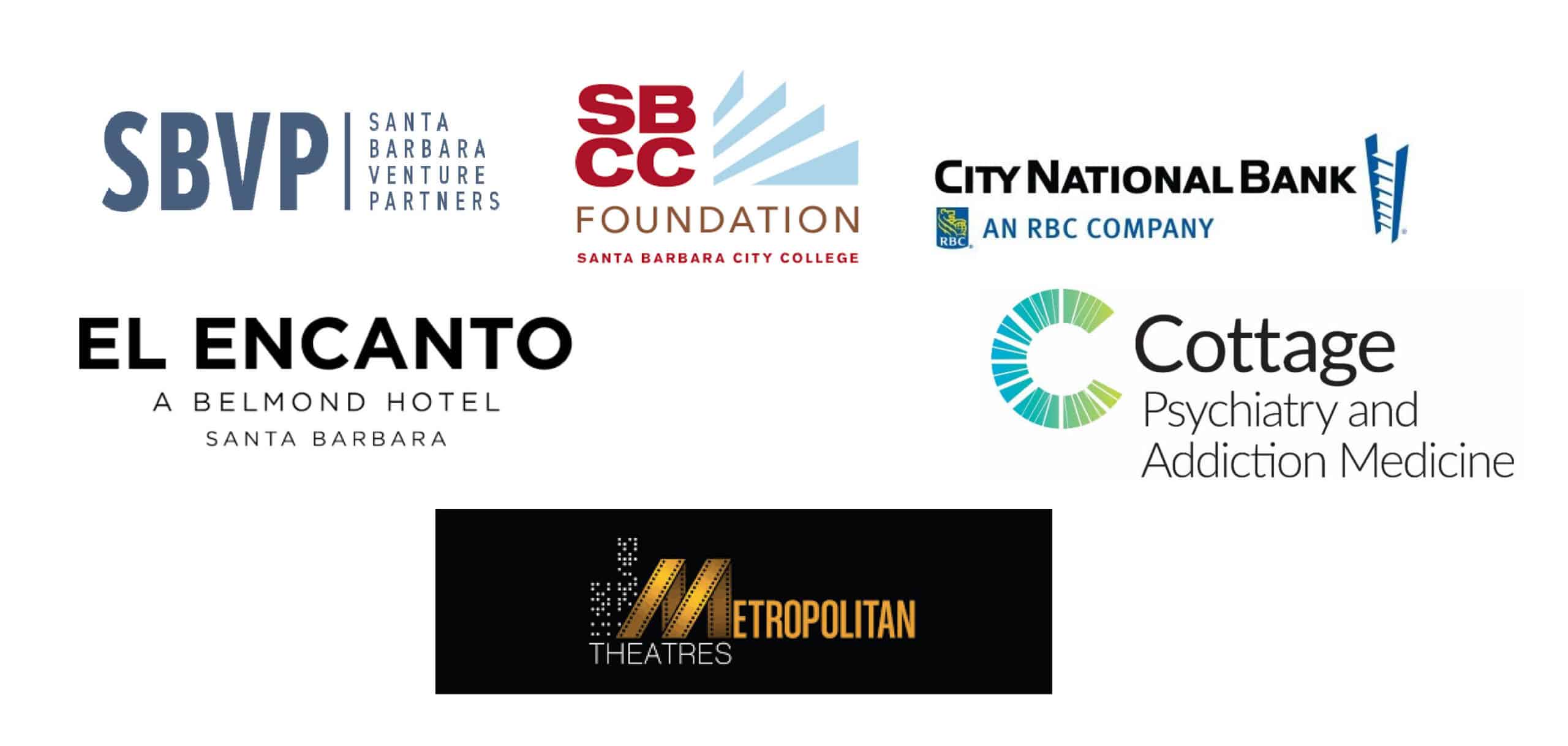 Event Sponsor Logos: Santa Barbara Venture Partners, SBCC Foundation, City National Bank, El Encanto, Cottage Psychiatry and Addiction Medicine, and Metropolitan Theaters